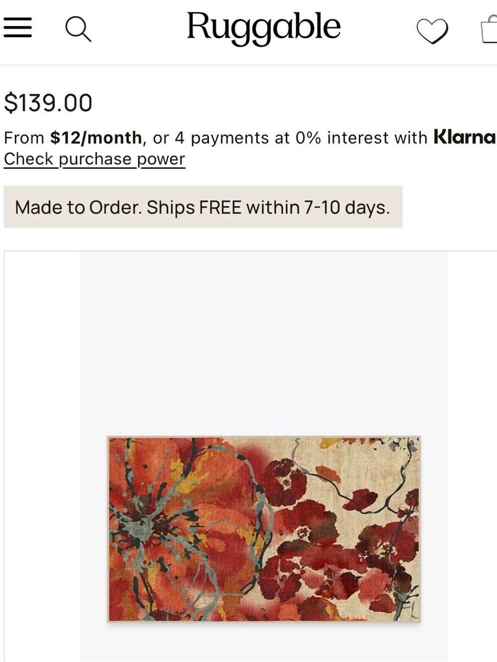 Ruggable 3’x5’ watercolor floral coral rug flat woven